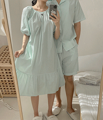[커플] 쿨민트 반팔잠옷 파자마, 원피스 홈웨어 -mint