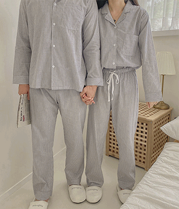 [커플] 데일리 스트라이프 커플파자마, 긴팔 잠옷세트 -gray