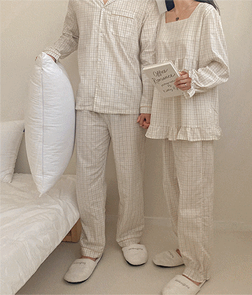 [커플] 모노 체크 긴팔잠옷 파자마, 홈웨어 -ivory