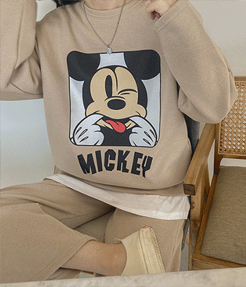 [디즈니정품] 메롱 미키 레이어드 기모티셔츠 + 와이드 밴딩팬츠 트레이닝SET (기모ver)