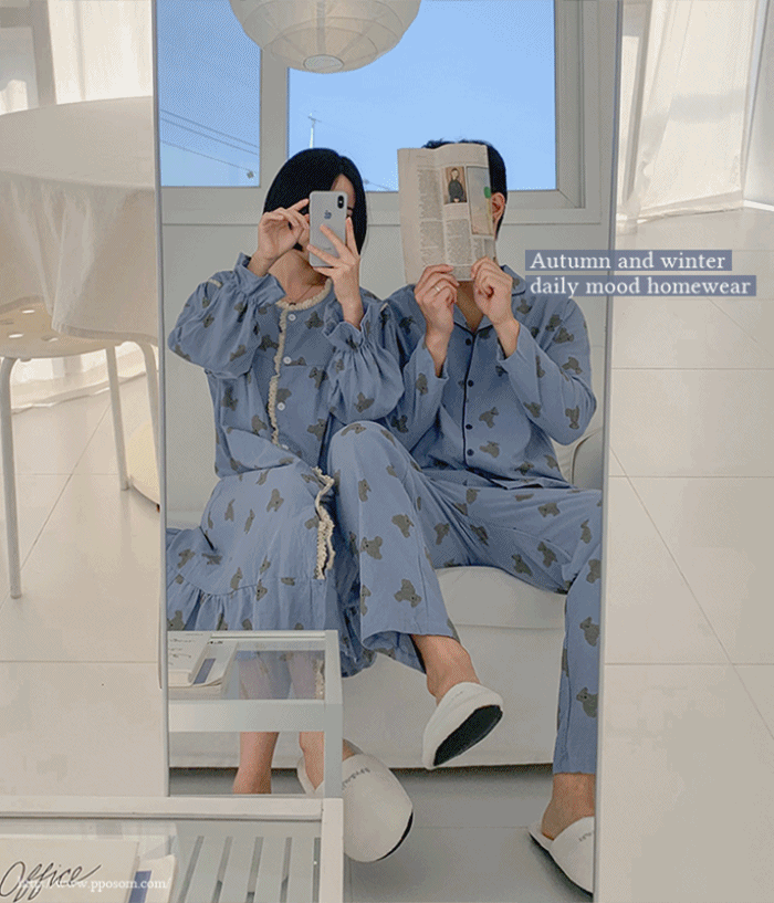 [커플] 플립 베어 곰돌이 긴팔잠옷, 원피스 홈웨어 -2color