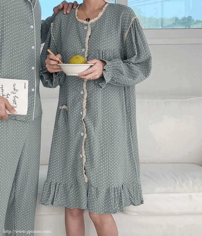[커플] 비비드 도트 파자마 긴팔잠옷, 원피스 홈웨어 - 2color