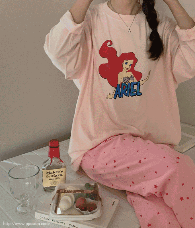 [맘커플룩 추천 정품] 디즈니 공주잠옷 인어공주 아리엘 긴팔 파자마 홈웨어 set (3color)