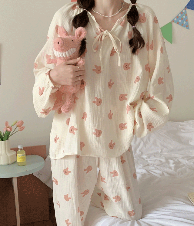 [2타입] 요루면 핑크래빗 홈웨어 파자마 상하세트 원피스 잠옷